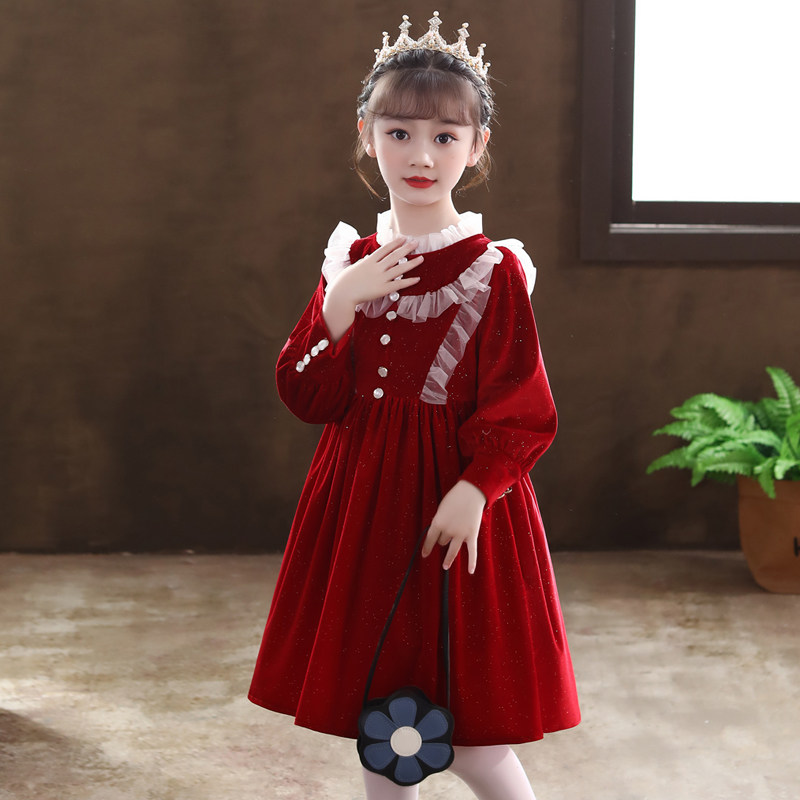 儿童礼服公主裙秋冬款洋气丝绒裙子红色生日连衣裙女童宴会晚礼服