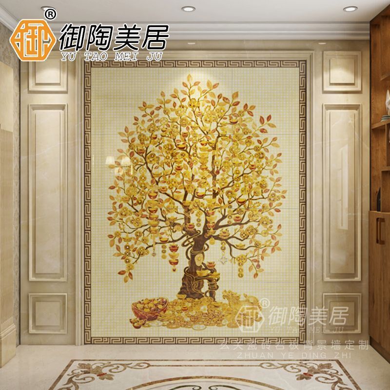 玄关画瓷砖c背景墙岩板微晶石大理石立体雕刻过道中式发财树摇钱