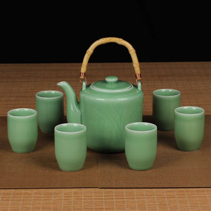 青瓷兰花大容量茶l具茶杯陶瓷家用酒店餐馆大号泡茶提梁壶套装