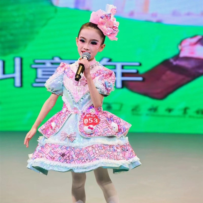 快乐阳光演出服女童粉色绿色蓬蓬裙亮片可爱蕾丝小猫唱歌礼服