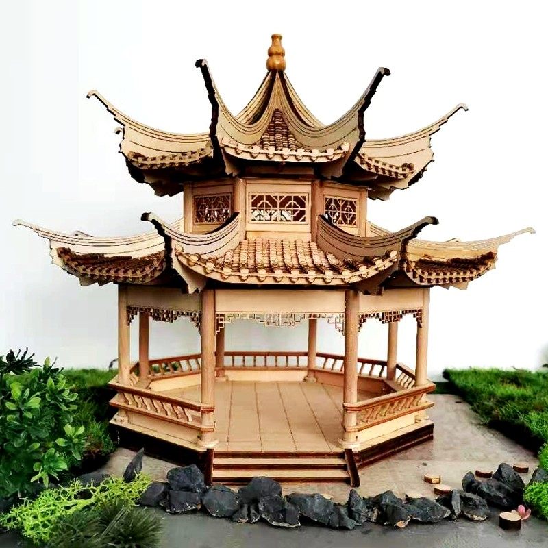 重檐亭仿古中式八角塔亭子diy手工建筑模型佛塔木质拼装榫卯结构