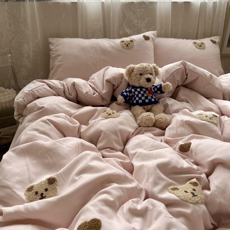 少女软绵b绵嫩粉色毛巾绣水洗棉四件套床单学生被套三件套床笠