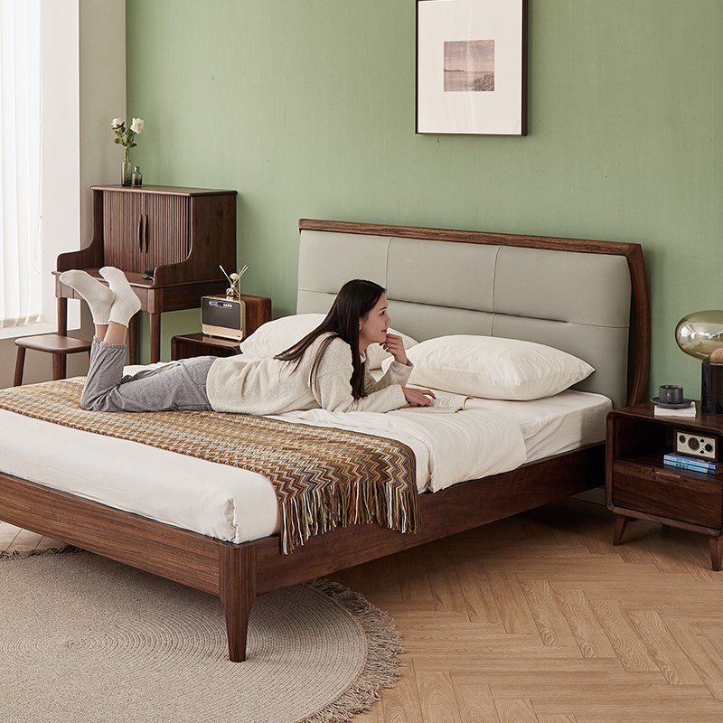 简约黑胡桃木床实l木床1.8米1.5米双人床储物床主卧床真皮床