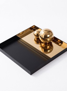 简约轻奢金色装饰方形托盘酒z店卧室样板间家居首饰收纳架摆件