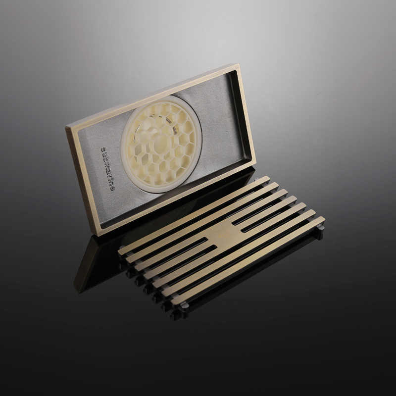 QLKC50-20淋浴房大排水防臭芯加厚全K铜长方形仿古地漏20cm