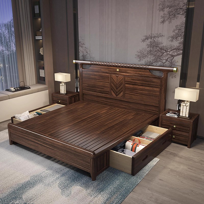 新中式乌金木实木床1.8米主卧别墅双人大床1.5M高箱储物卧室家具