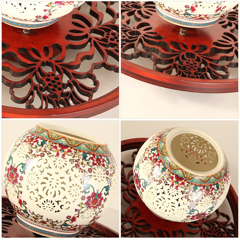 中式实木陶瓷灯过道阳台玄关圆形吸顶灯五彩镂空陶瓷灯具2063