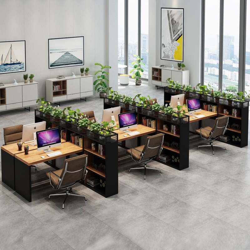 现代简约实木办公桌公司职员单人台式电脑桌创意带隔断书架工位桌