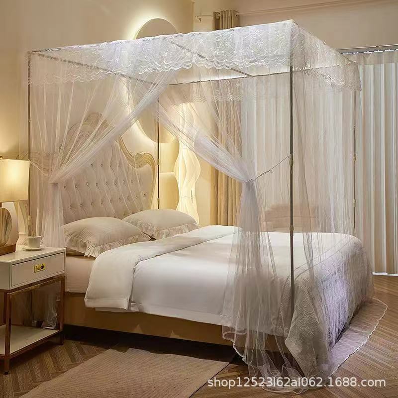 三开门蚊帐带加粗支架加密加厚1.5米1.2米帐纱落地家用宫廷纹帐子