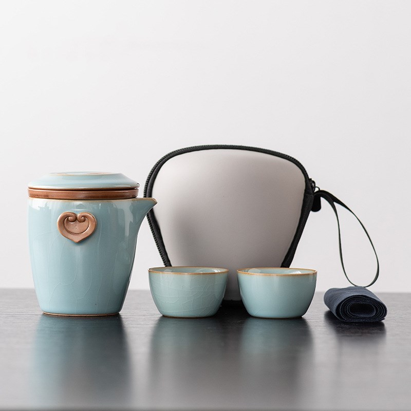 汝窑白瓷如意快客杯旅行茶具便携家用陶瓷户外露营泡茶器一壶二杯