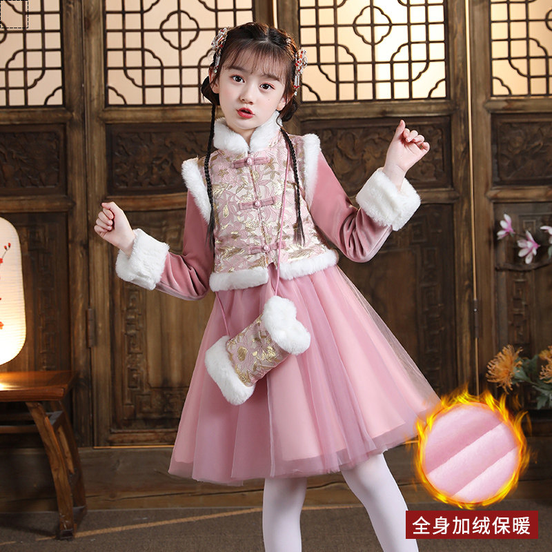 儿童汉服女2021新款裙子唐装冬连衣裙女童加绒冬裙加厚拜年服冬装