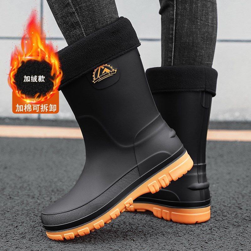 男士雨鞋鞋套防滑耐磨防水加厚A黑色中高筒水靴内胆一体雨靴可拆