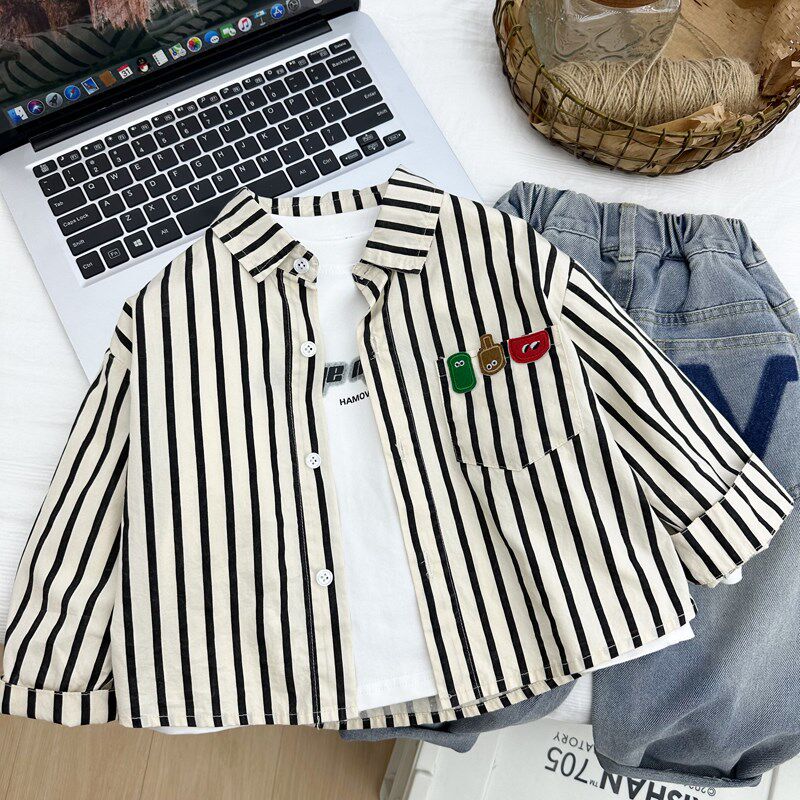男童春装纯棉衬衫2024新款儿童韩版条纹薄款帅气衬衣小童长袖上衣