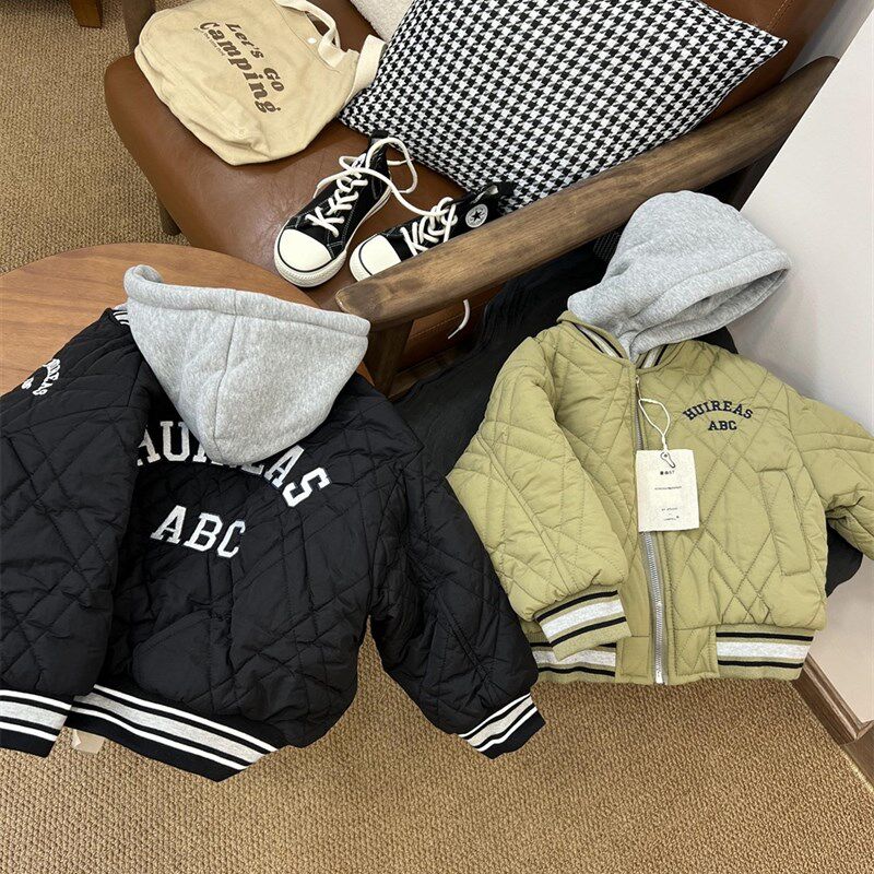 儿童冬季美式棒球服棉衣男童女童双层加厚夹棉外套帽子可拆卸棉服