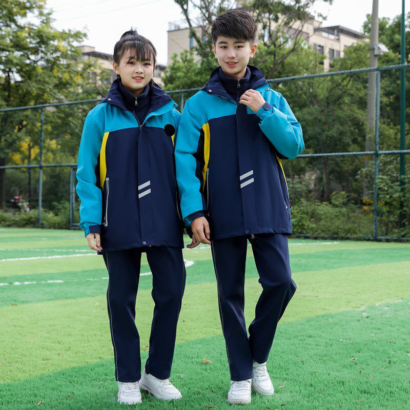 秋冬季款班服中小学生蓝色校服三件套户外运动冲锋衣长袖套装裤子