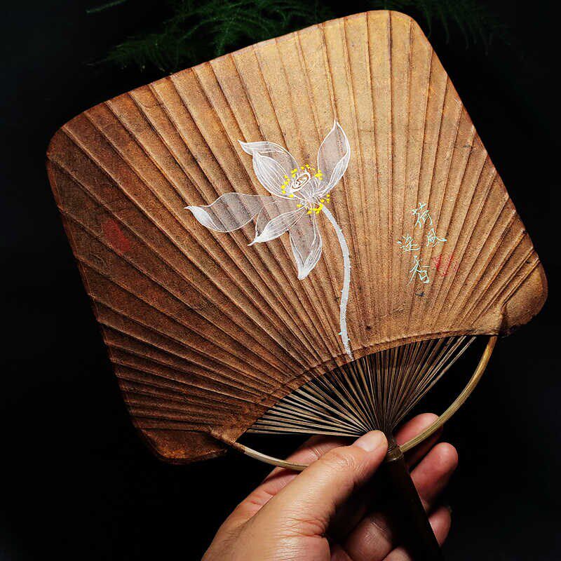 手绘古风扇子中国风汉服手工老竹扇蒲扇古法制作大漆复古宣纸团扇