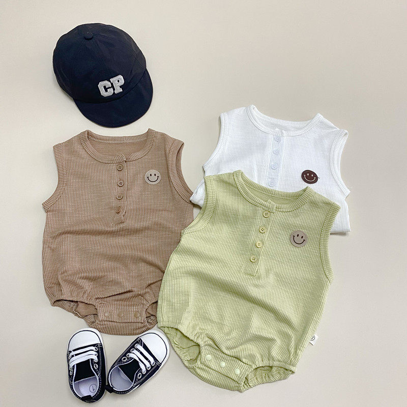 新生婴儿夏季薄款背心包屁哈衣爬服男女宝宝纯色无袖连体衣睡衣韩