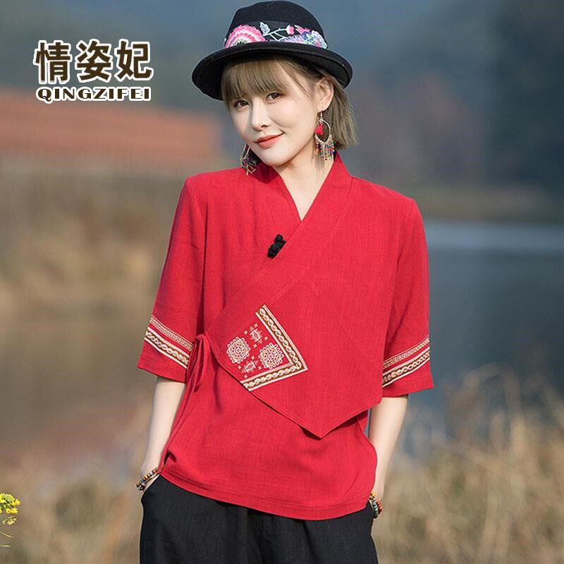 改良汉服中国风交领上衣夏季民族风复古女装大码绣花盘扣棉麻禅服