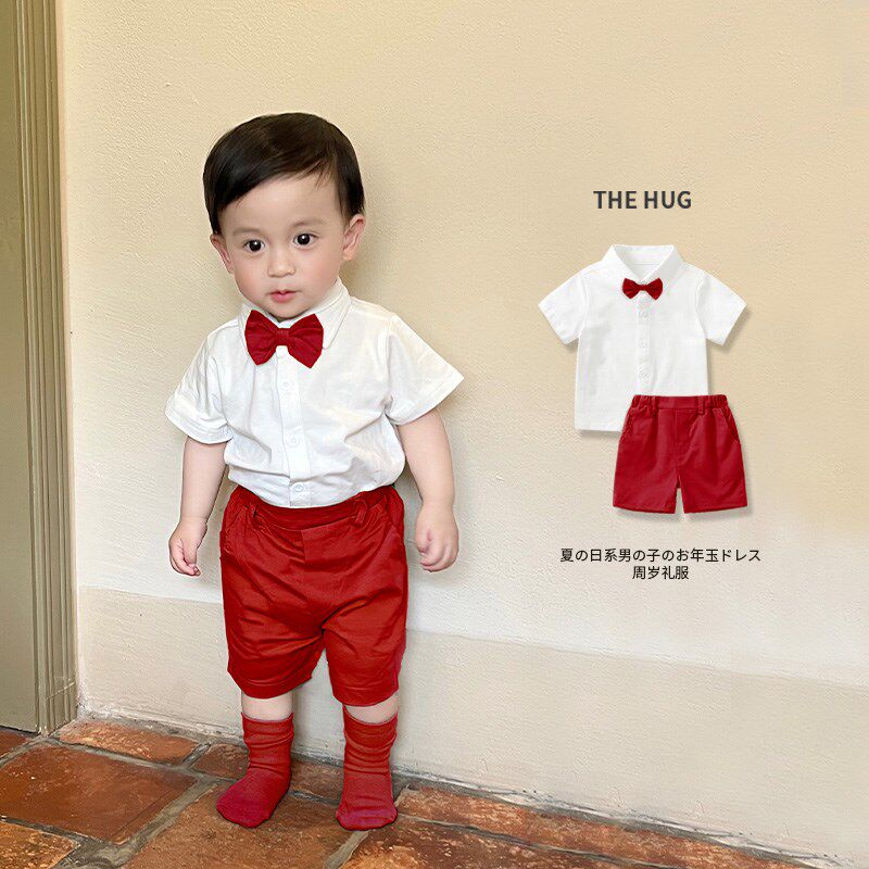 夏款小童薄款红色生日礼服短袖短裤领结套装宝宝绅士服法式花童潮