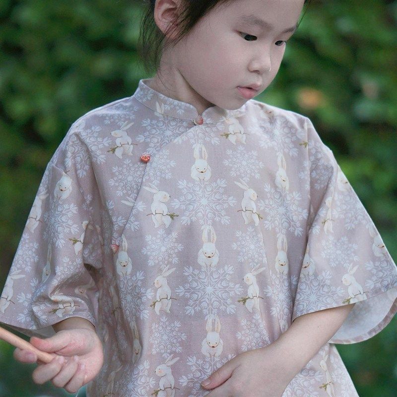 毛小姐 夏秋女童新中式上衣中袖小衫 紫色玉兔 可爱国风汉服纯棉