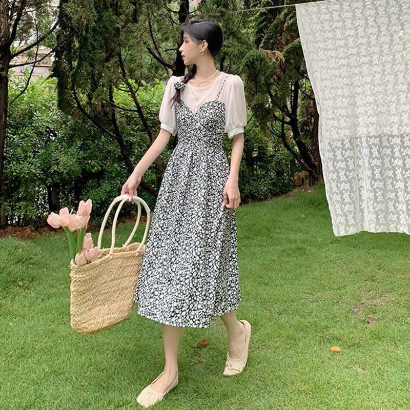 WCT两件法式少女感裙赫本风复古连衣女J夏大码胖m假m碎花桔初恋梗