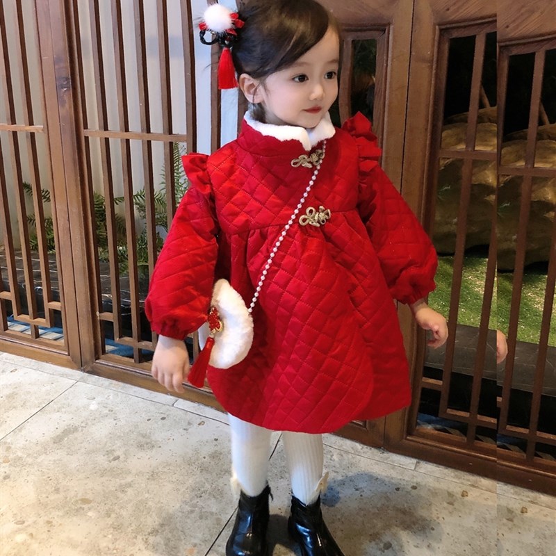 女童新年装连衣裙2022红色过年拜年衣服冬加绒洋气女宝宝公主裙子