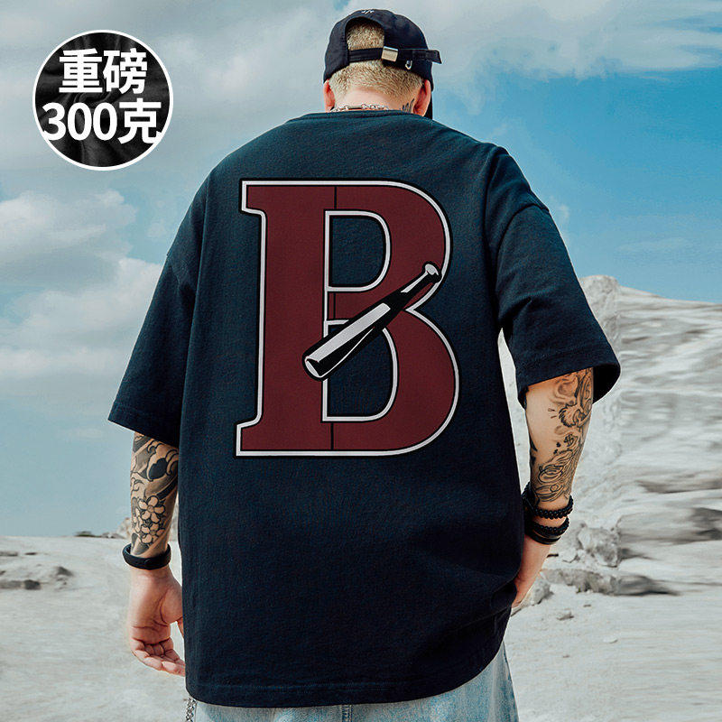 300g重磅潮牌宽松胖子加肥加大T恤短袖五分袖纯棉高克重大码男装
