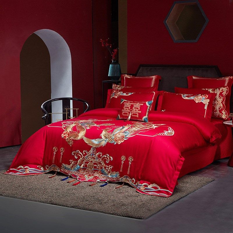 新款婚庆刺绣四件套大红色喜庆结婚床上用品婚礼送人高档120支