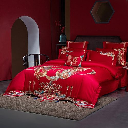 新款婚庆刺绣四件套大红色喜庆结婚床上用品婚礼送人高档120支