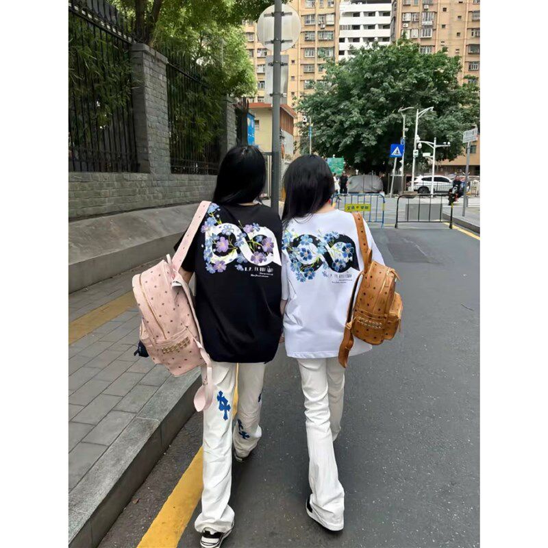 美式高街过肩花丛刺绣短袖t恤女夏季潮牌宽松小众设计感半袖上衣