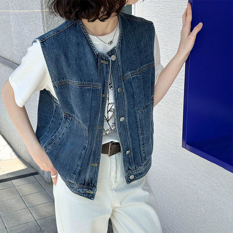 2025春夏新款时尚牛仔女马甲洋气短款背心宽松马夹坎肩潮外套蓝色