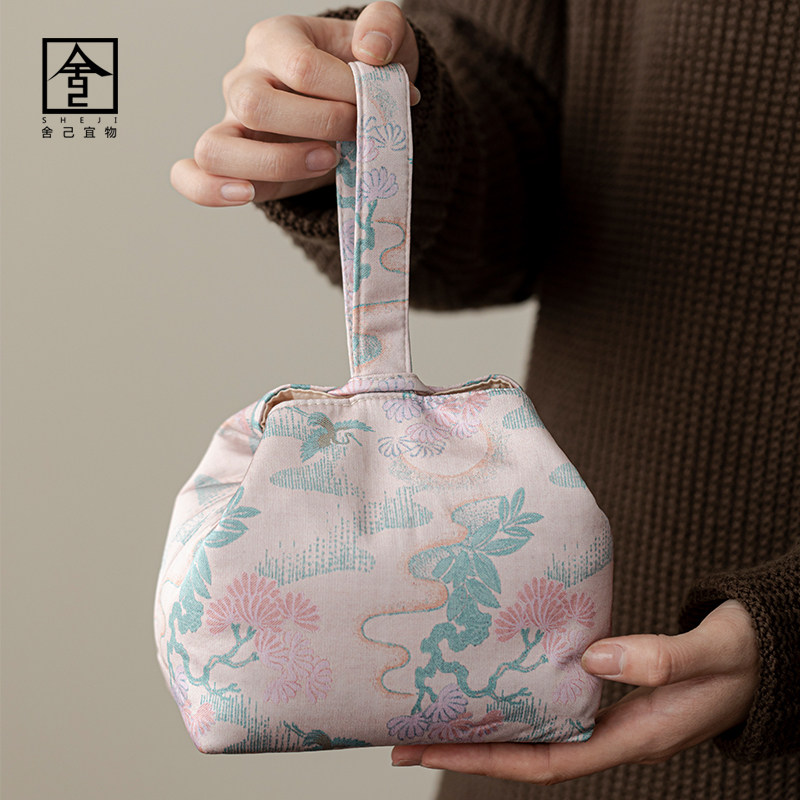 松鹤粉庭旅行茶具收纳包缎面手z腕布袋手工便携布包功夫手提茶袋