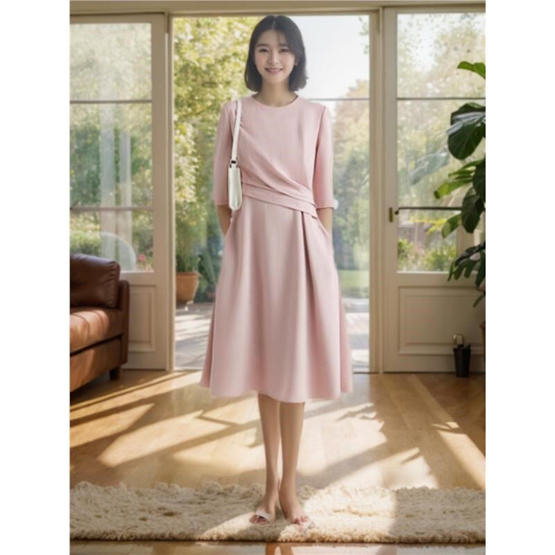 胖mm法式收腰捏褶连衣裙女夏显瘦设计感中袖大码高级感礼服中长裙