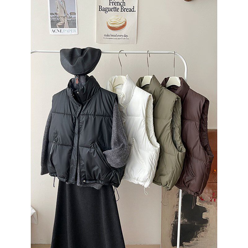 日韩系复古PU软皮棉服马甲夹女秋冬宽松百搭叠穿休闲坎肩外套上衣