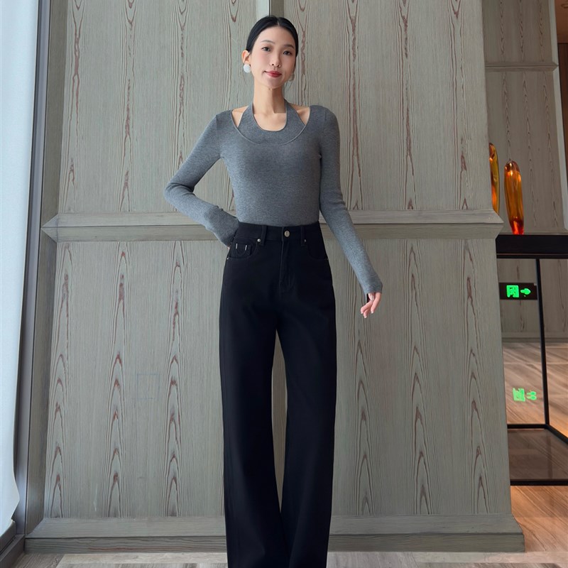 深得我心高腰直筒宽松牛仔裤女秋季显瘦遮肉窄版阔腿覆古休闲长裤