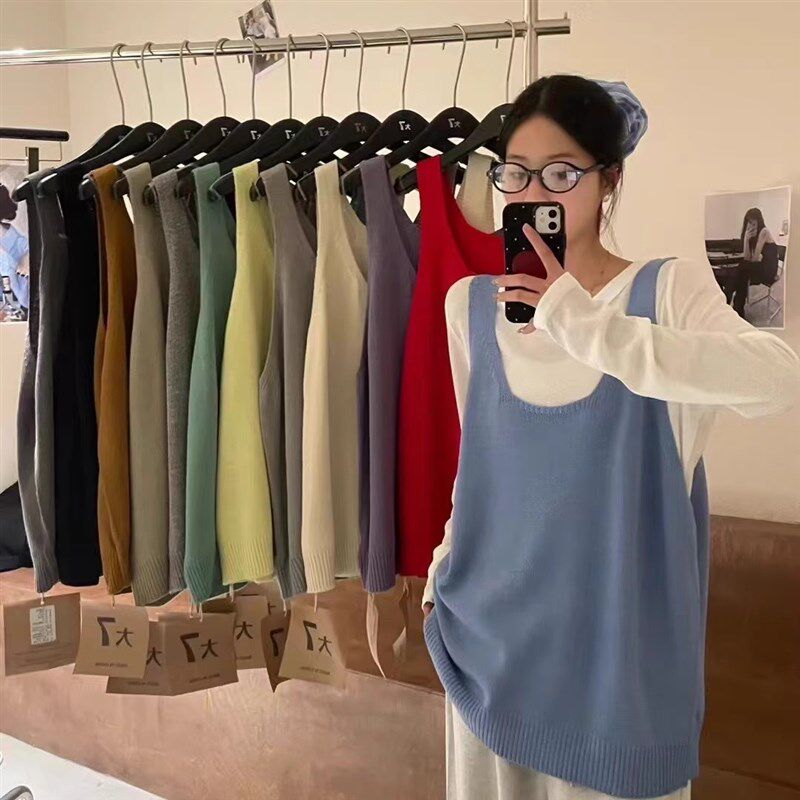大7女装12218春韩版宽松大码胖mm休闲慵懒风针织叠穿马甲背心吊带
