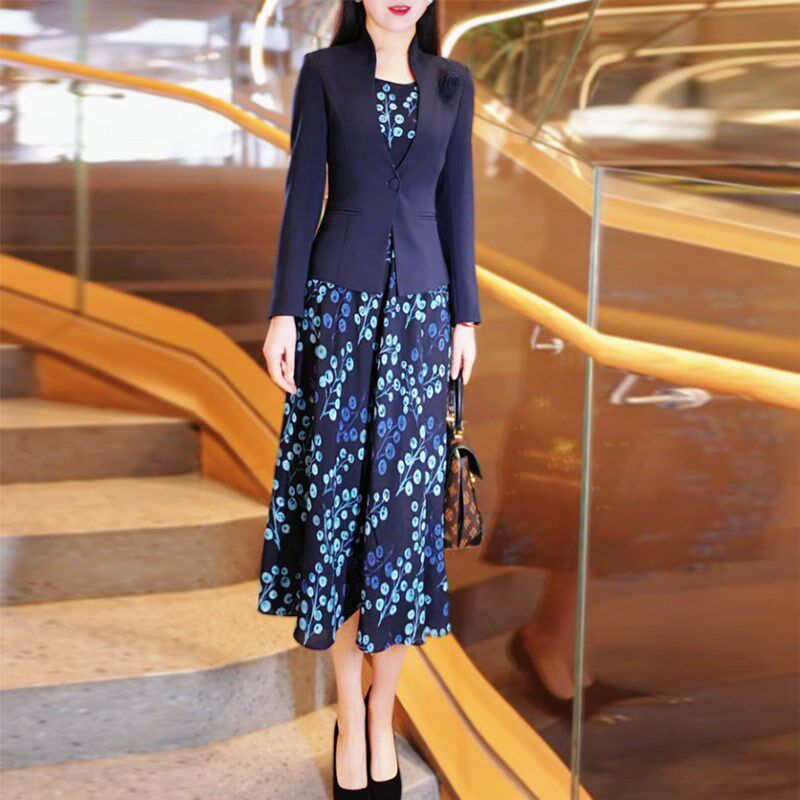 蓝色修身显瘦两件套裙女2025春季新款气质外套时尚印花连衣裙套装