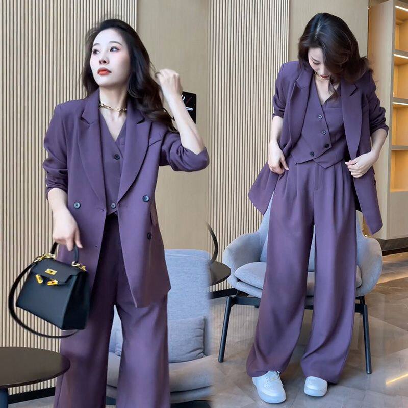 时尚西服套装女春季新款洋气休闲外套韩版职业西装阔腿裤三件套女
