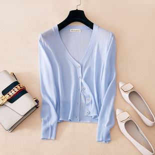 女短款 针织衫 长袖 夏季 外搭小披肩外套空调防晒衫 薄款 修身 冰丝开衫