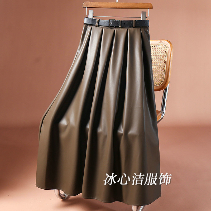 咖色PU皮百褶大摆皮裙半身裙2024秋冬新款高腰显瘦中长款裙子长裙