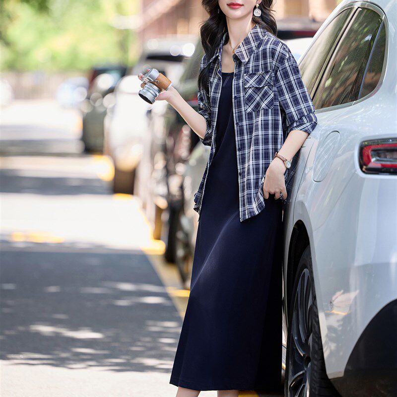 长袖吊带连衣裙套装2025秋季新款腰部格纹衬衫夹克背心裙子两件套