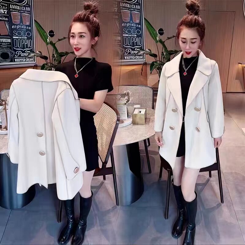 欧货毛呢大衣女2023春秋新款中长版宽松显瘦双面绒西服领呢子外套