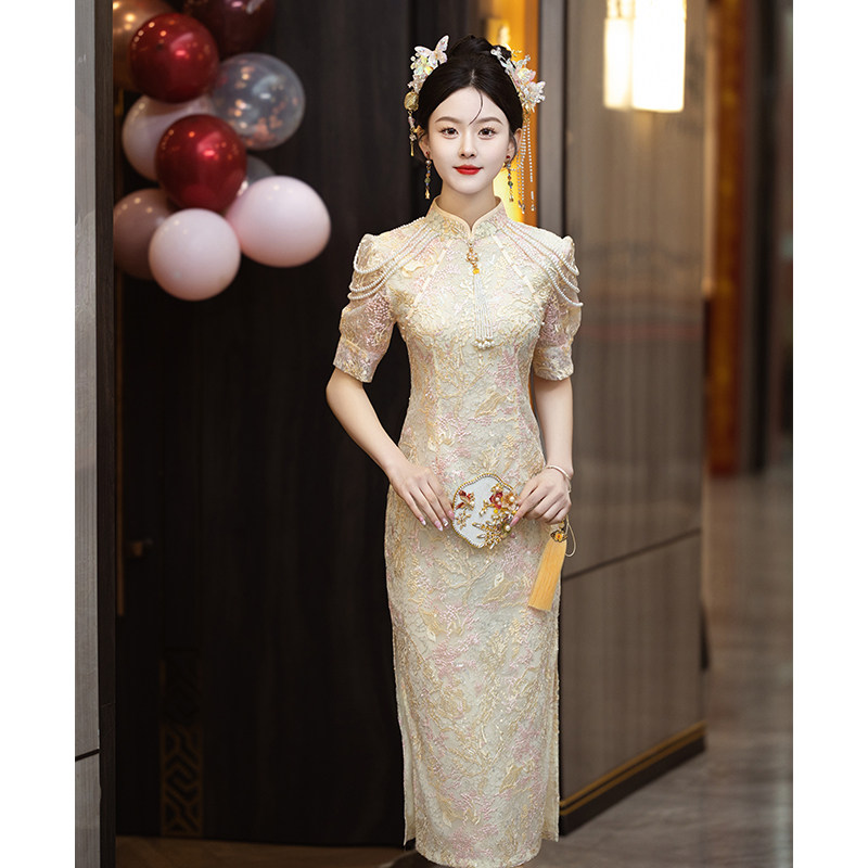 蕾丝敬酒服新娘2024新款高级感中式旗袍粉色订婚礼服平时可穿回门