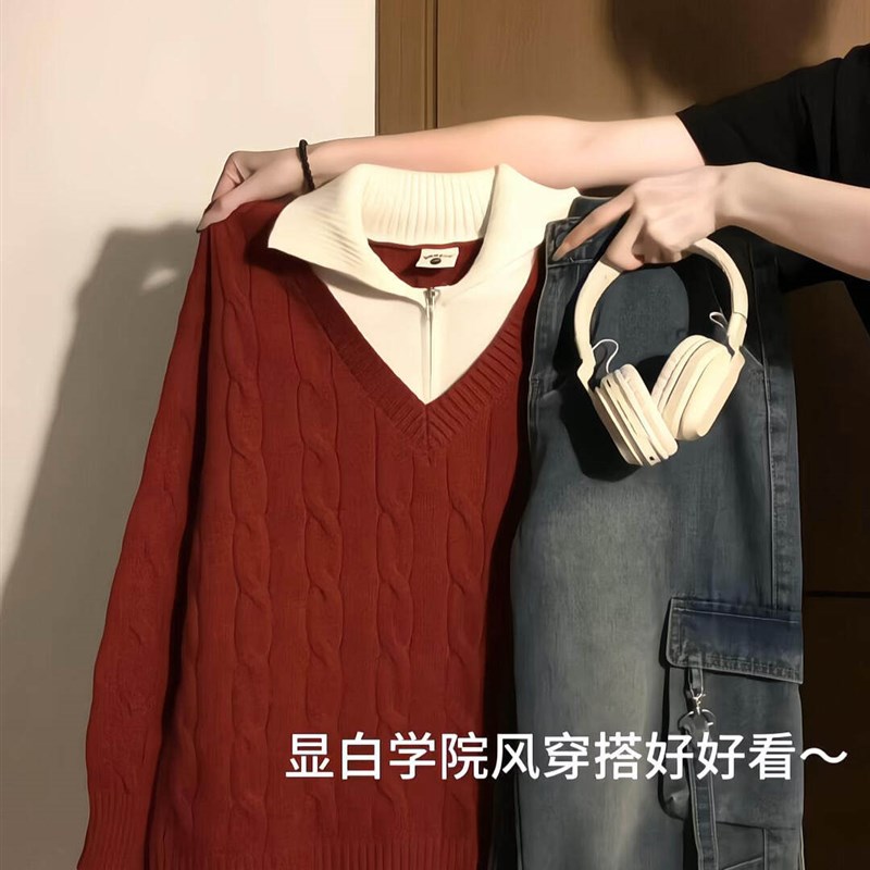 学院风拼接假两件红色针织衫毛衣女秋冬季翻领宽松慵懒风套头上衣