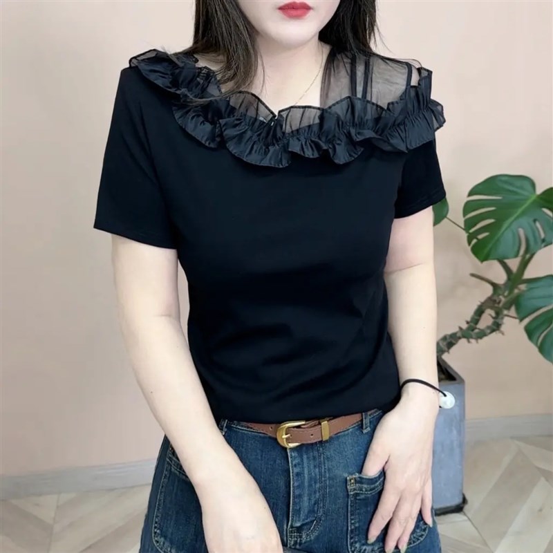 不规则蕾丝露肩短袖上衣夏季妈妈装遮肉显瘦休闲气质T恤小衫减龄