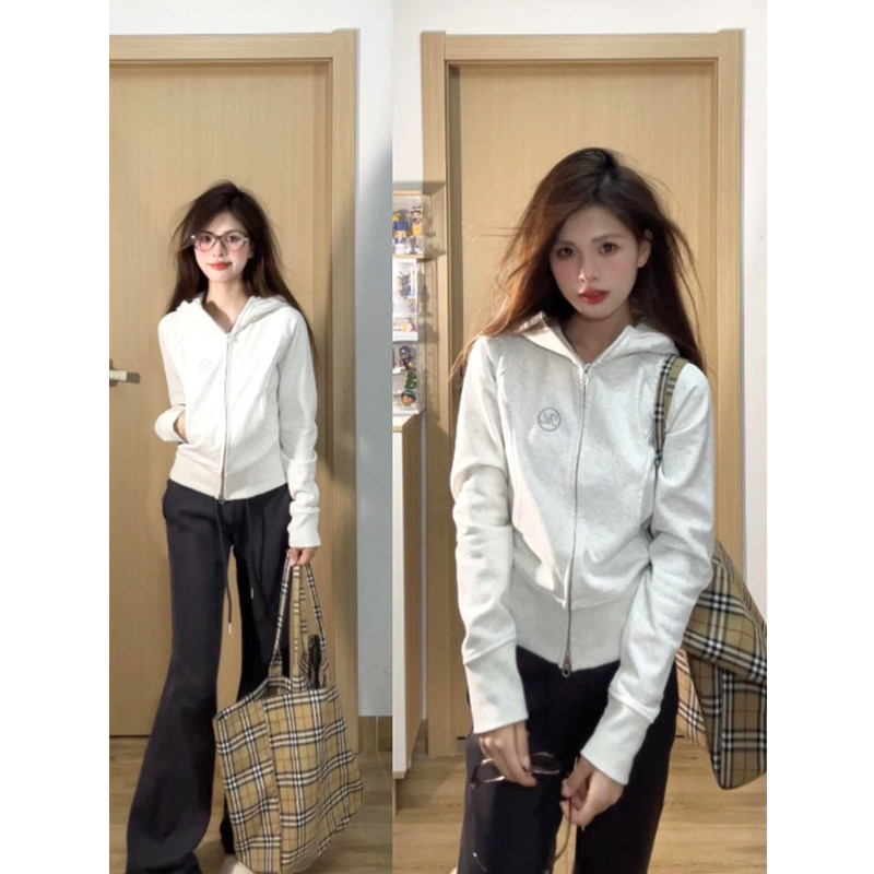 美式连帽灰色短款卫衣女春秋季2024新款爆款修身拉链运动开衫外套