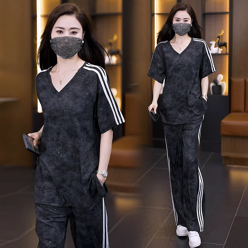 夏季新款休闲时尚运动服套装女2025胖mm显瘦宽松短袖+长裤两件套