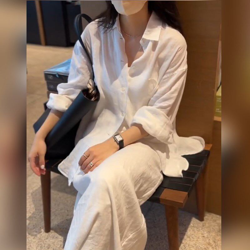白色亚麻长袖防晒衬衫+白色棉麻半身裙夏季薄款慵懒风穿搭一整套