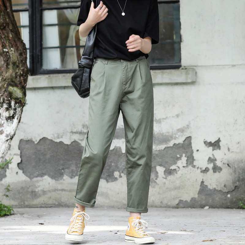 军绿色裤子女宽松直筒大码工装裤女夏季薄款休闲九分哈伦萝卜老爹