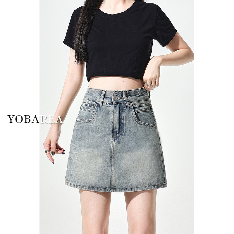 浅色牛仔短裙女夏季新款大码胖mm遮肚子梨形身材显瘦a字半身裙子